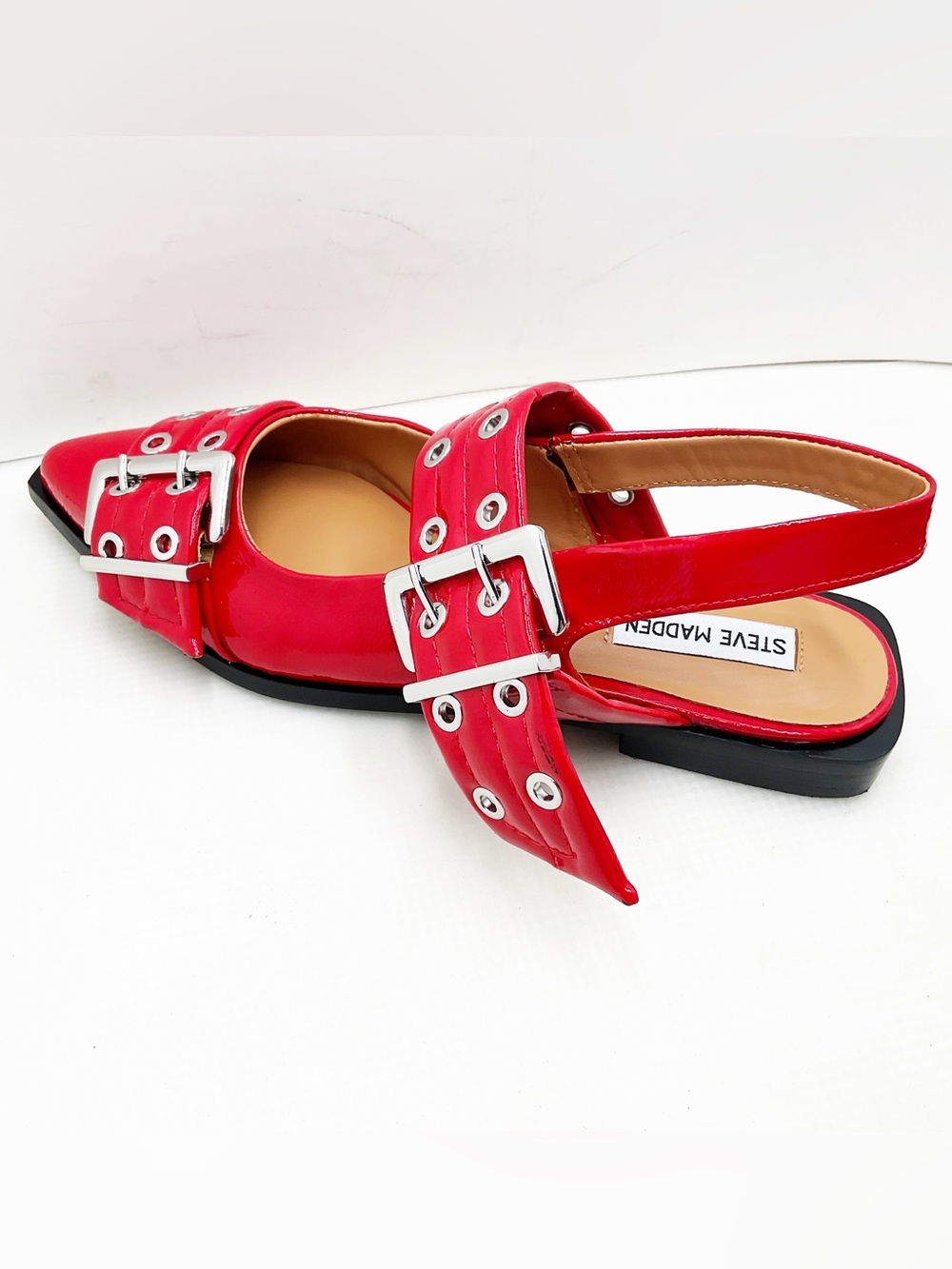 {Steve Madden} Graya Red Patent Studded Buckle Slingback Flats - Picture 6 of 16